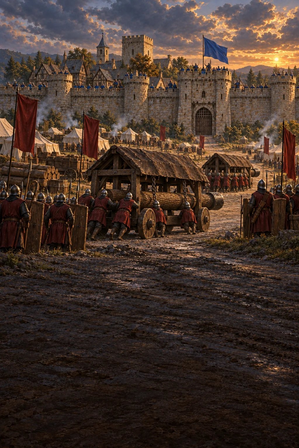 An army approaches a fortified Stronghold at sunset